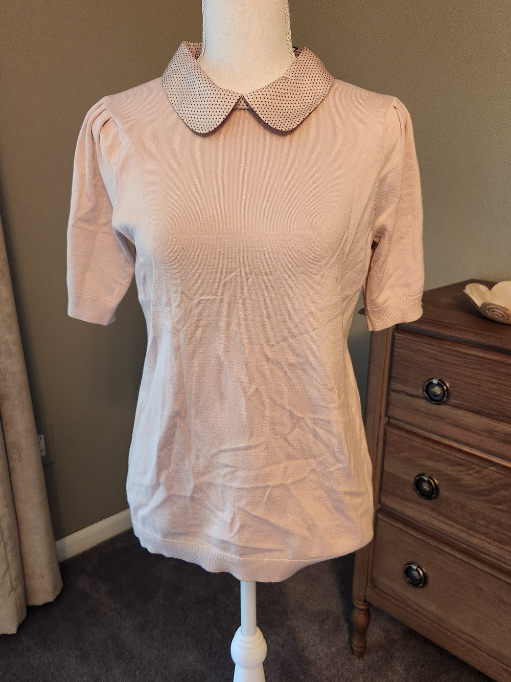 Adrianna Papell Blush Pink Short Sleeve Top with Dotted Peter Pan Collar